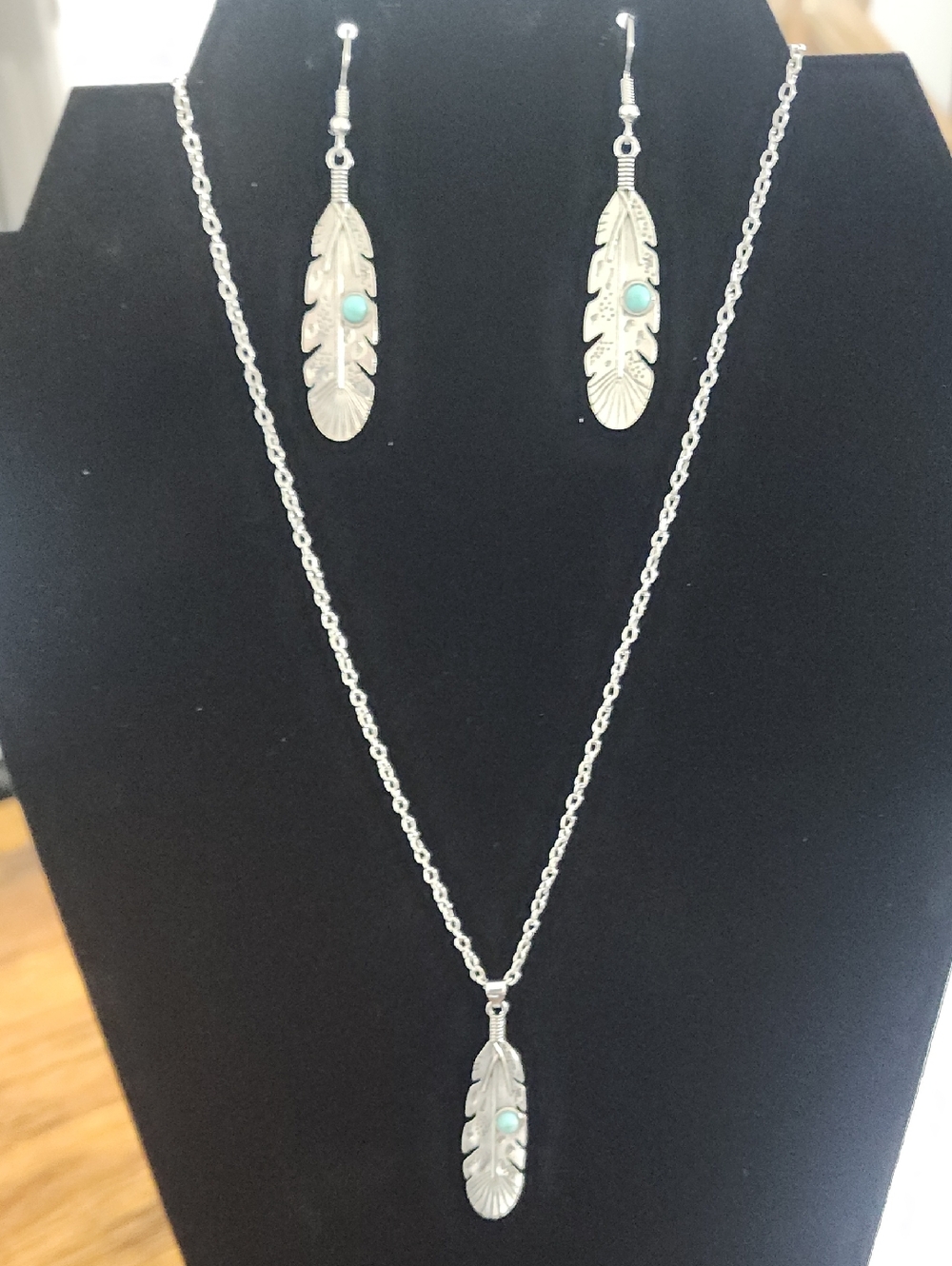 Vintage Style Antiqued Silver Jewerly Set With turquoise Inlay, Asymmetrical geo